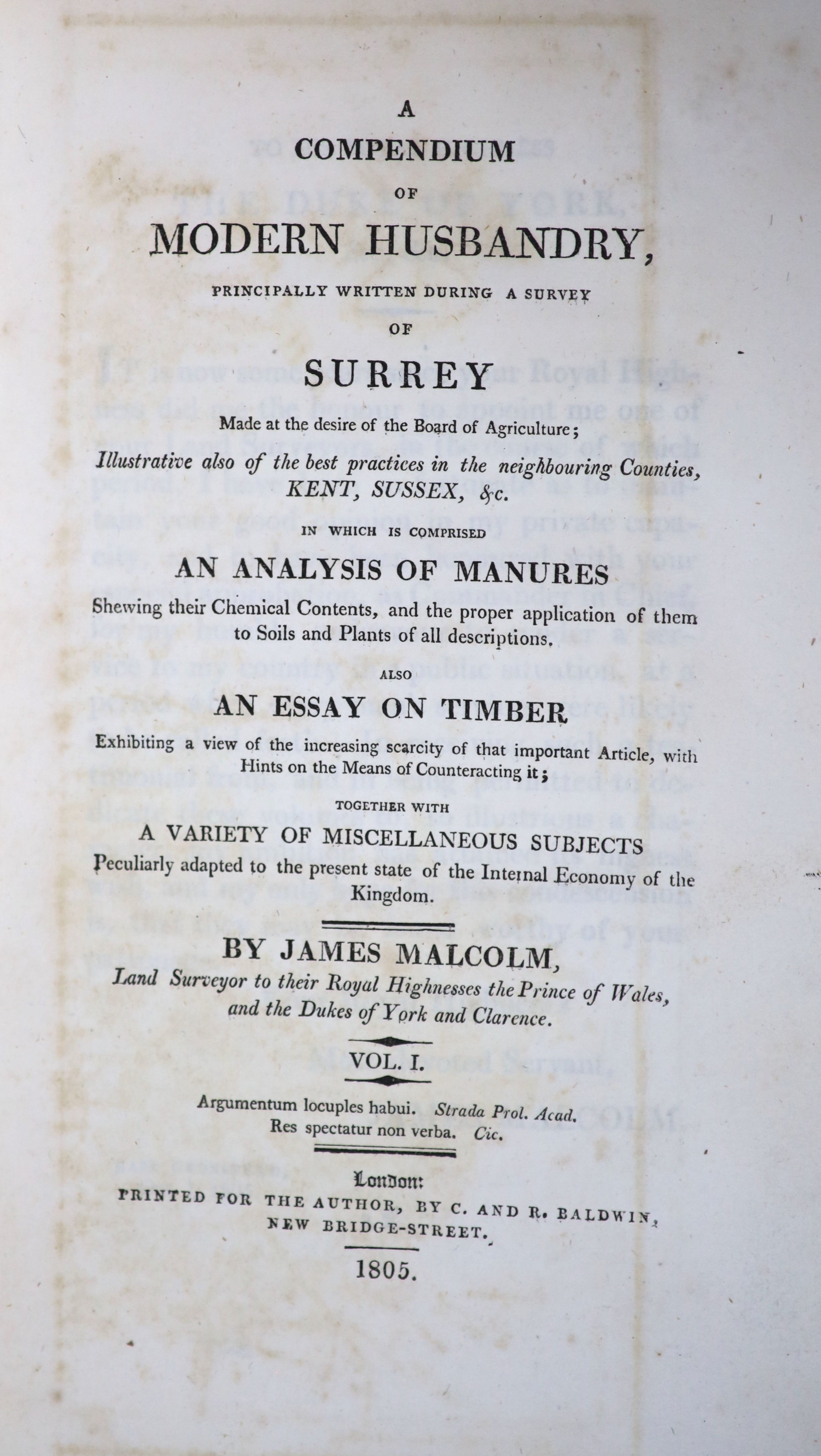 Malcolm, James - A Compendium of Modern Husbandry, Principally written during a Survey of Surrey, 3 vols, 8vo, half calf, spines brittle and with loss, with folding coloured map and 7 plates, London, 1805